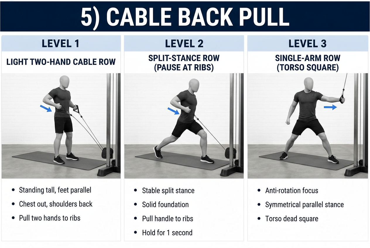 Three progressions for a standing cable back pull