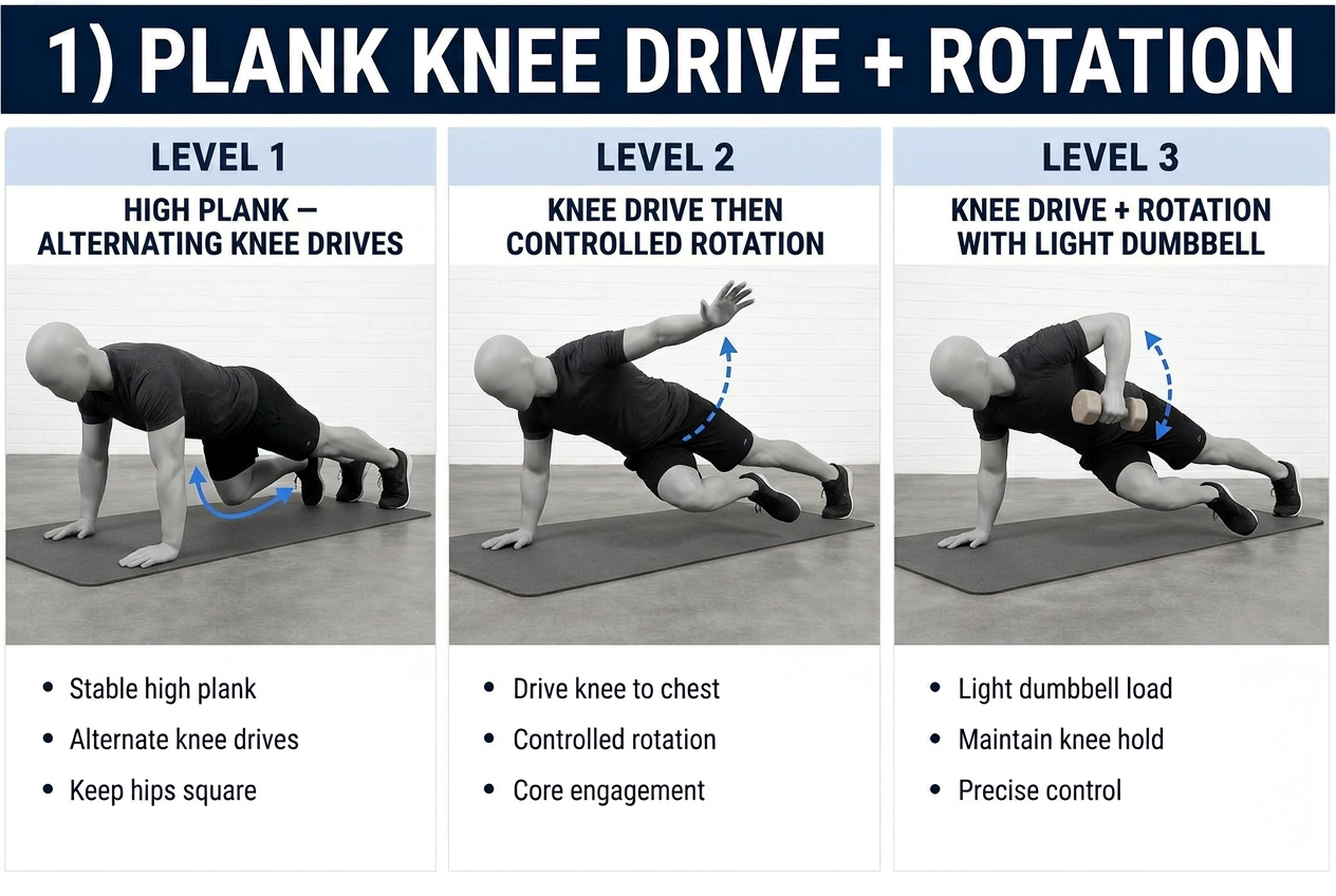 Three progressions for a plank knee drive with a light dumbbell rotation