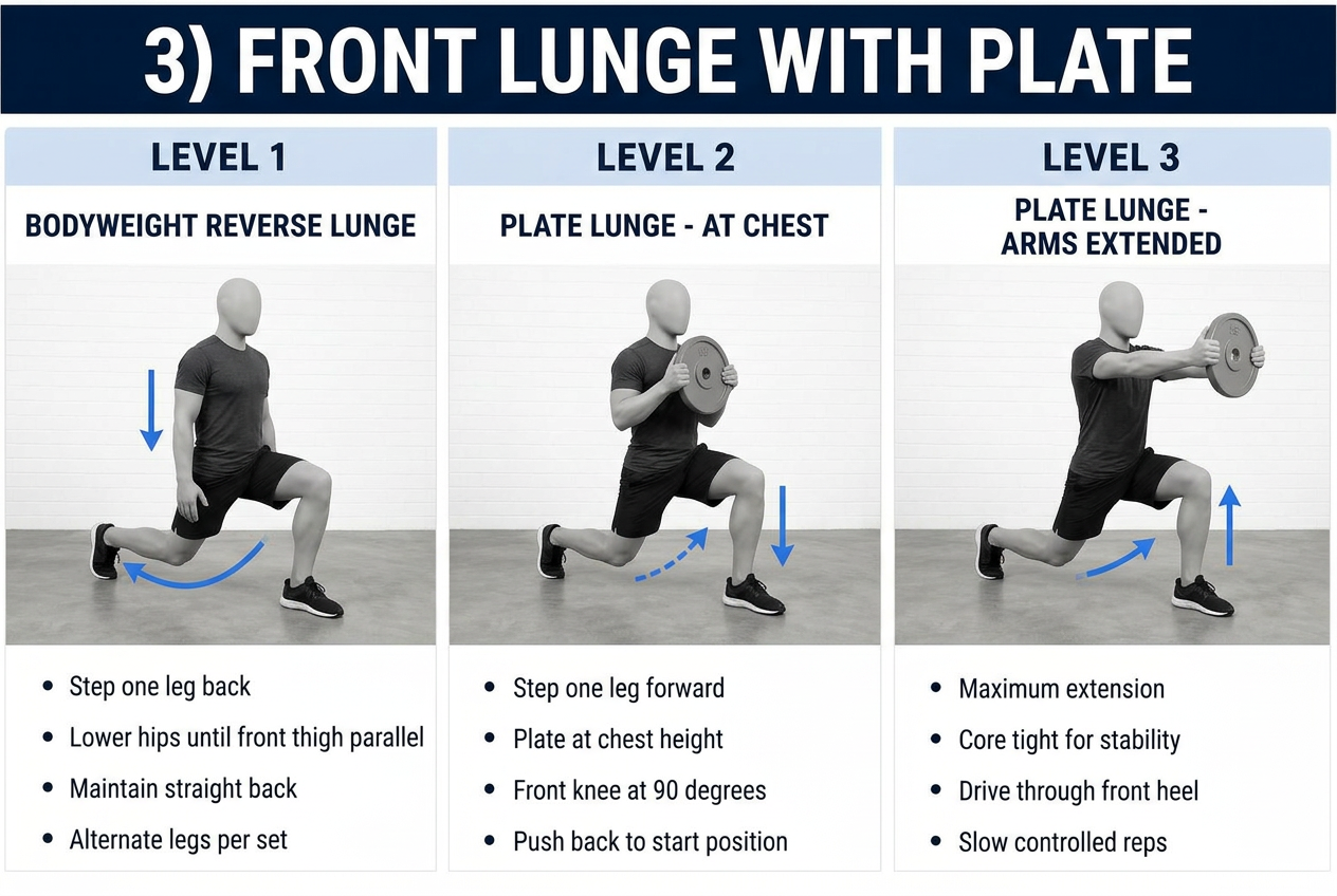 Three progressions for a front lunge while holding a weight plate