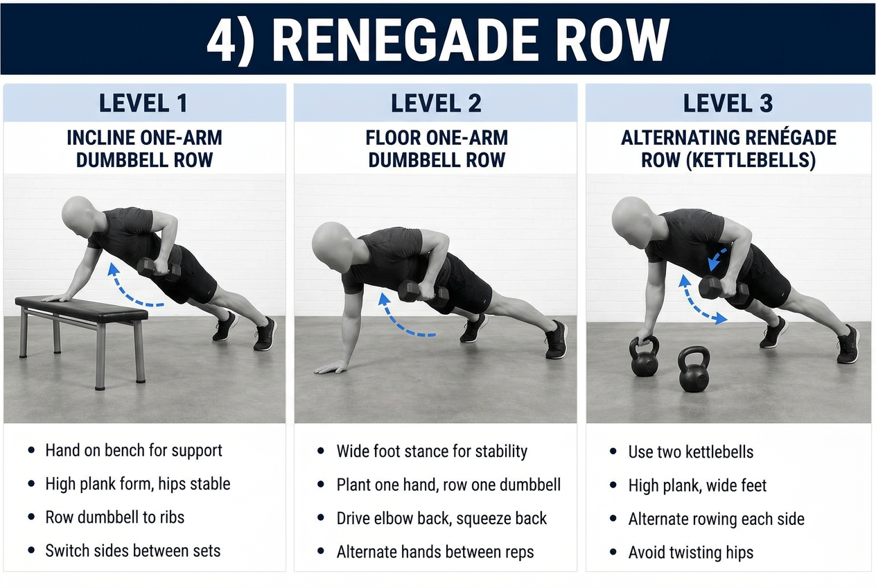 Three progressions for a renegade row with dumbbells or kettlebells