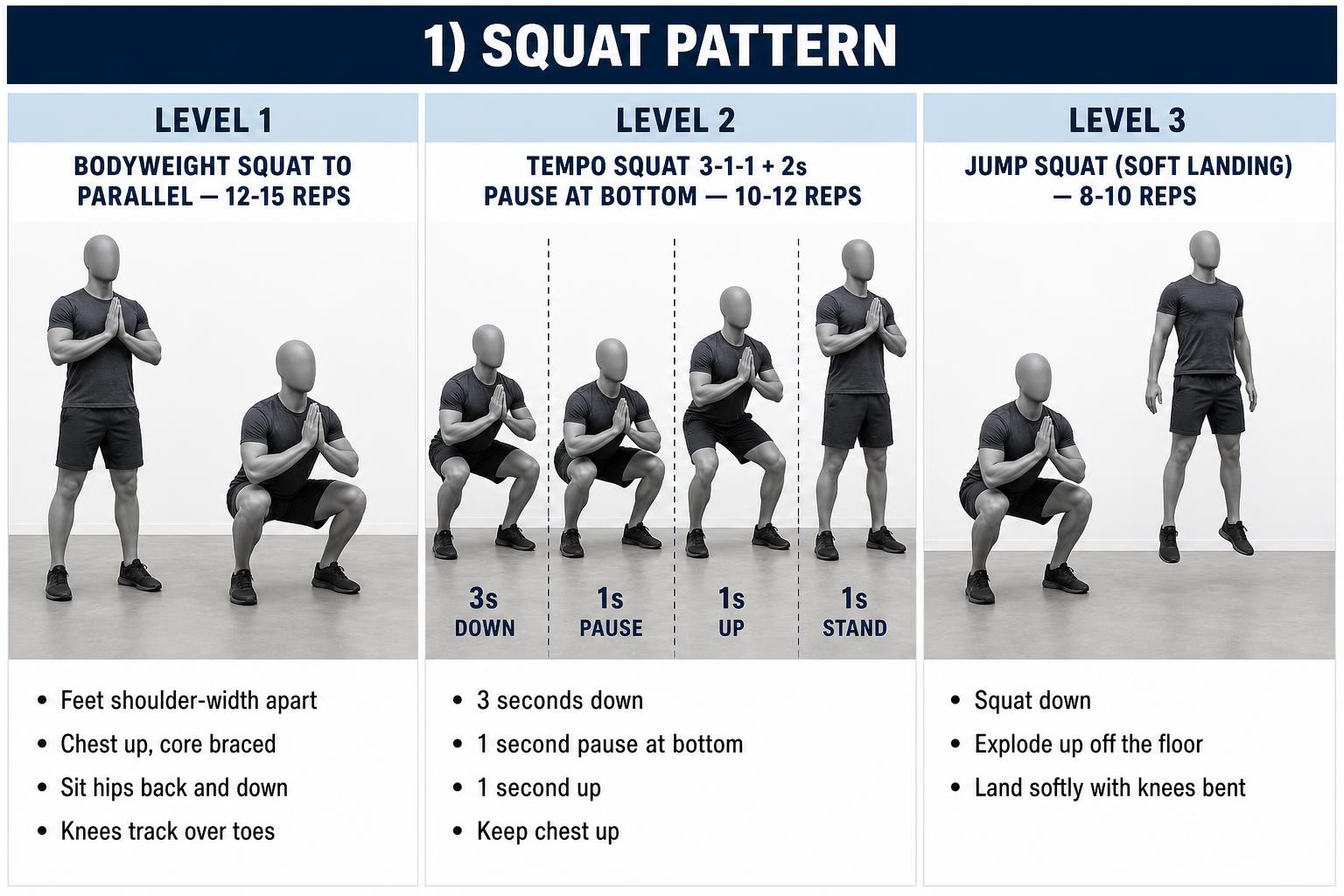 Squat pattern — Level 1 bodyweight, Level 2 tempo, Level 3 jump squat