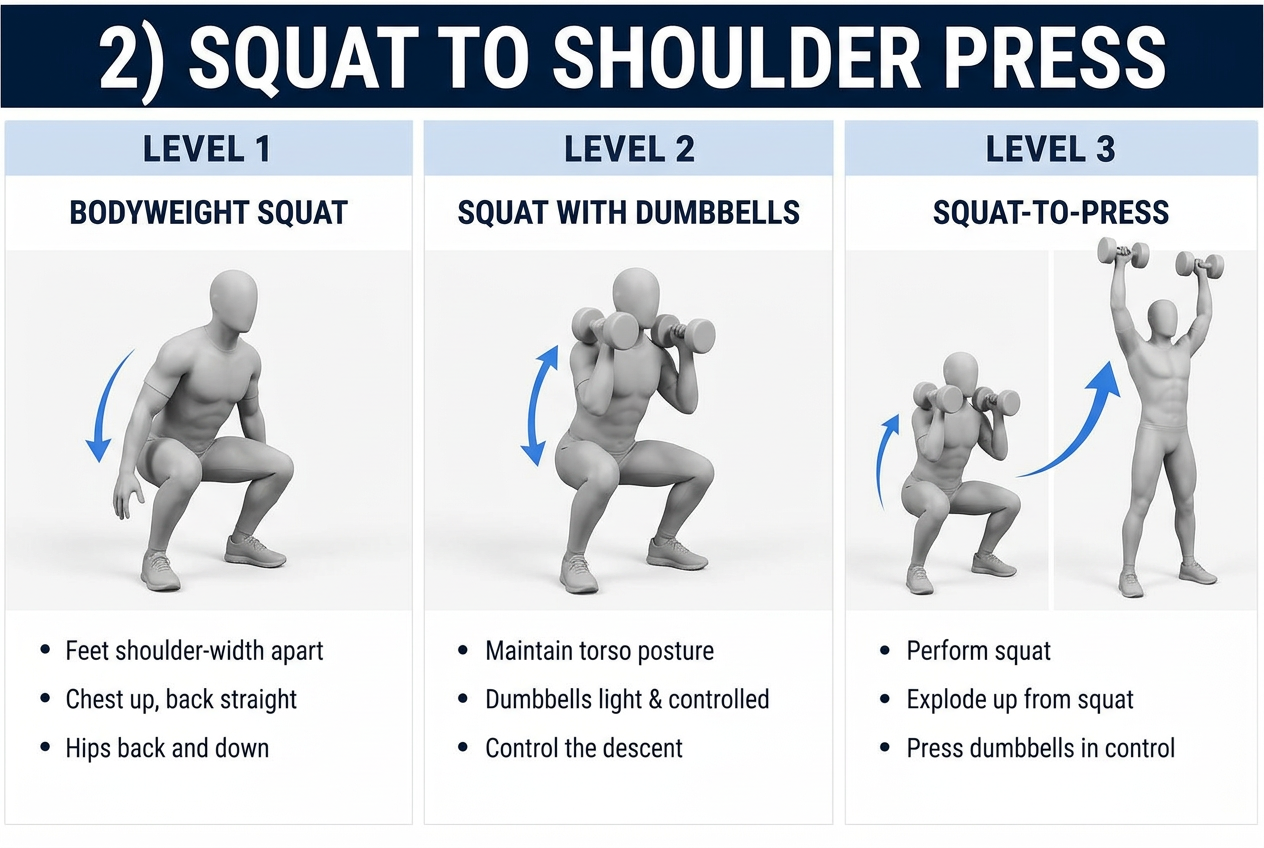 Three mannequin demonstrations of squat-to-shoulder-press progressions
