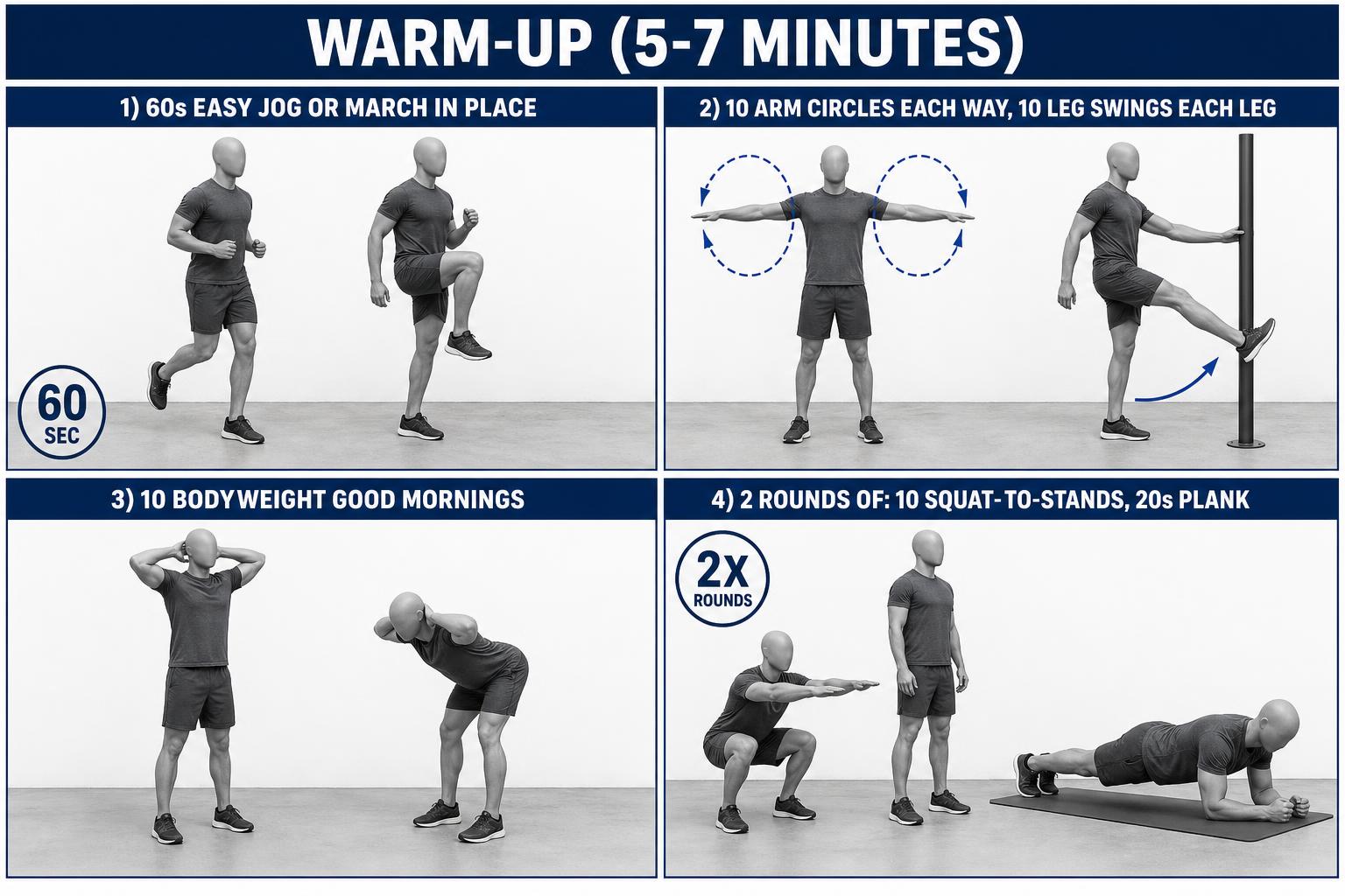 Warm-up (5–7 minutes) — jog, arm circles, leg swings, good mornings, squat-to-stands, plank